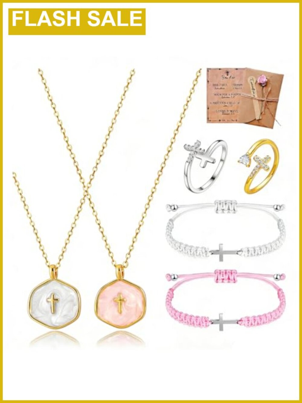 14K Gold Plated Cross Necklace Set with Rings Earrings Bracelet Adjustable